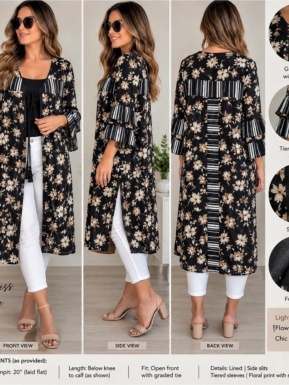 Luna Moon Floral Duster Kimono Black & White Like New